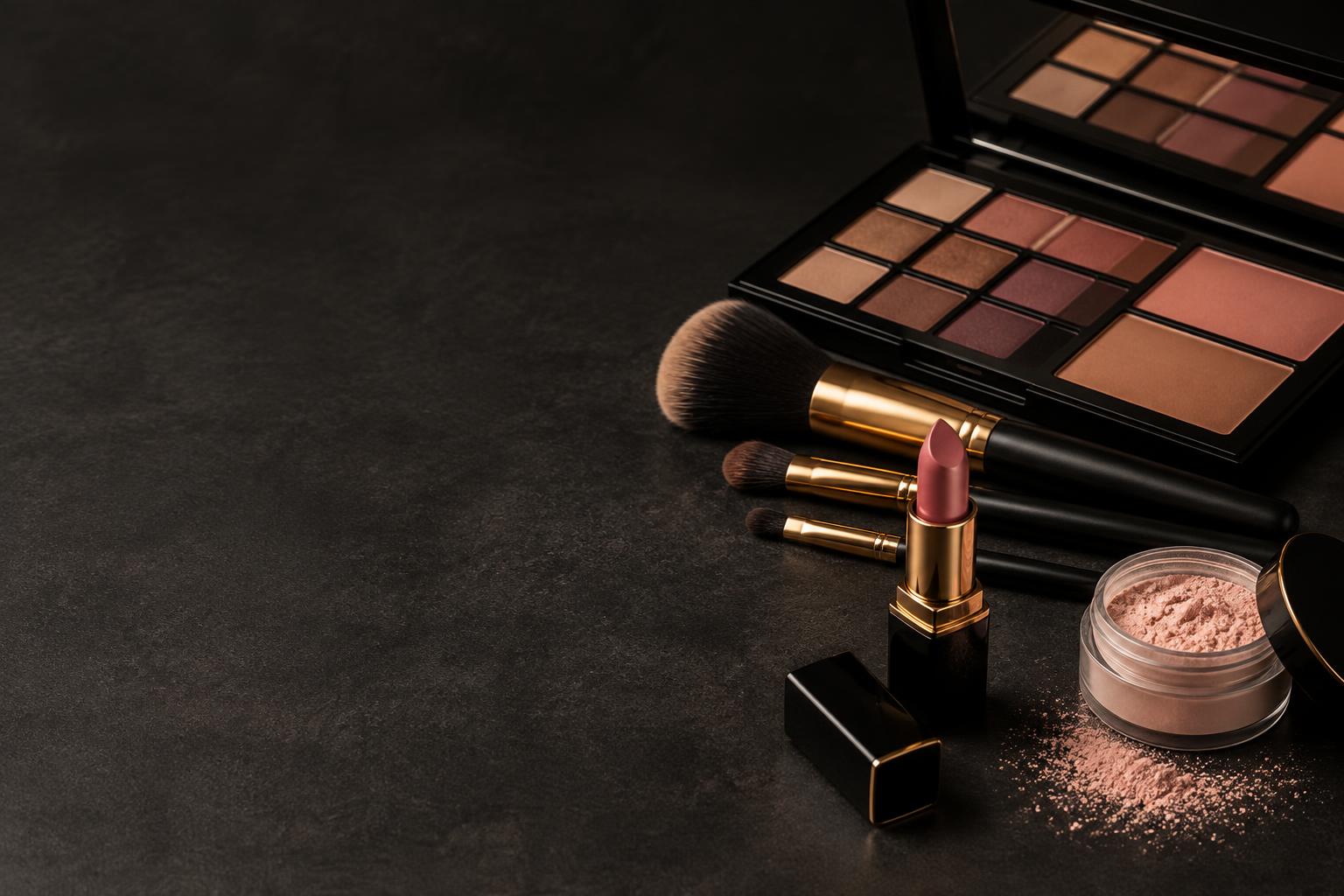 Pincéis, batom e paleta de maquiagem profissional